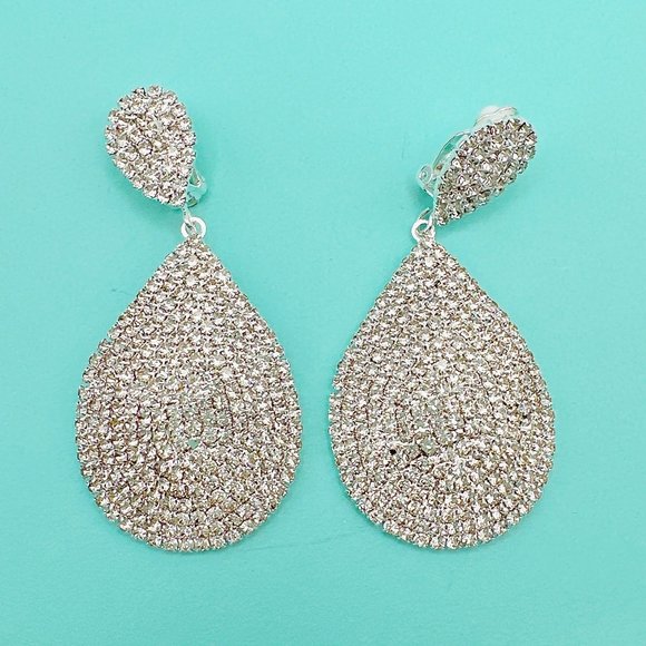 CLIP ON Large Silver Tone Tear Drop Rhinestone  Earrings - Picture 1 of 7